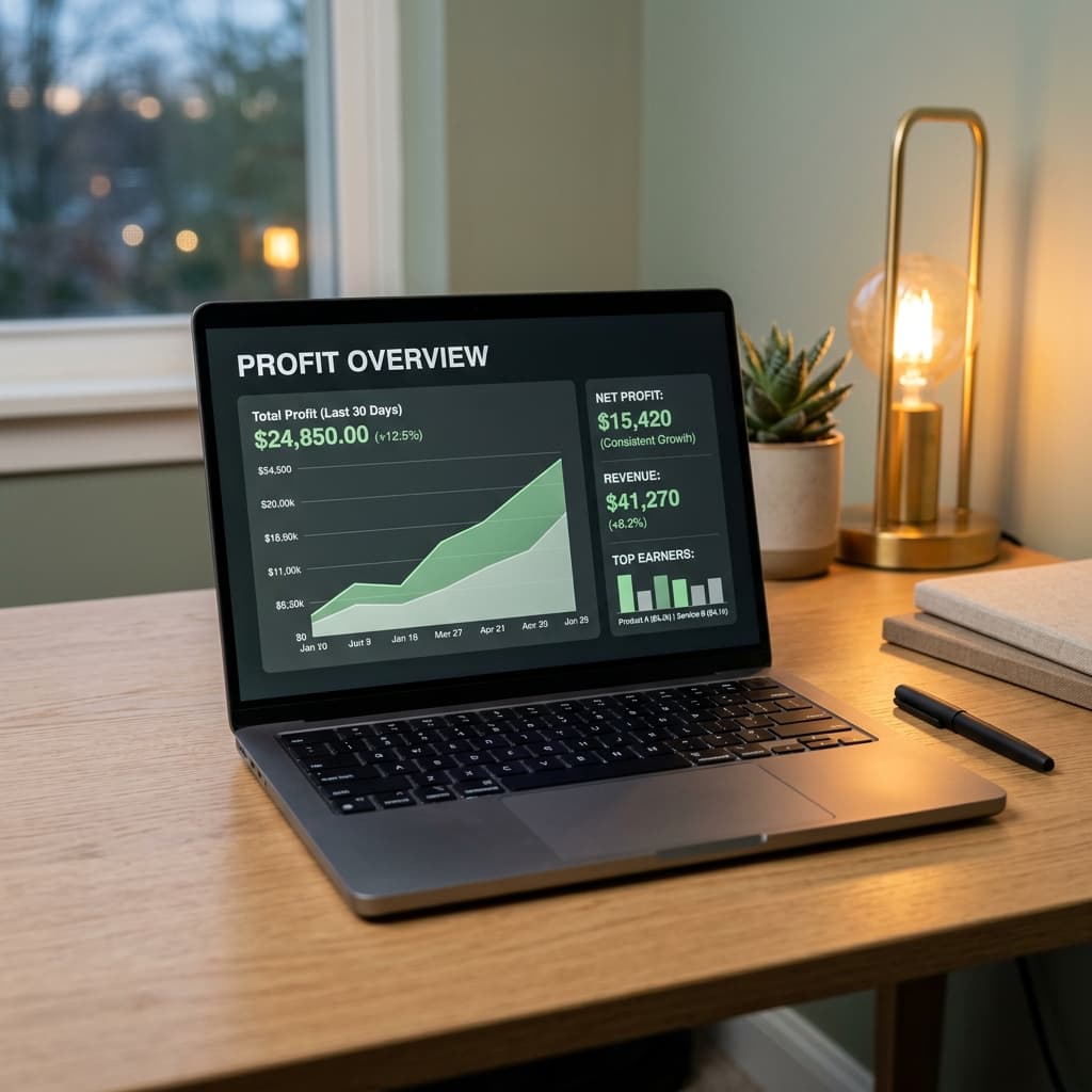 Laptop on a desk showing a profit dashboard with a revenue chart