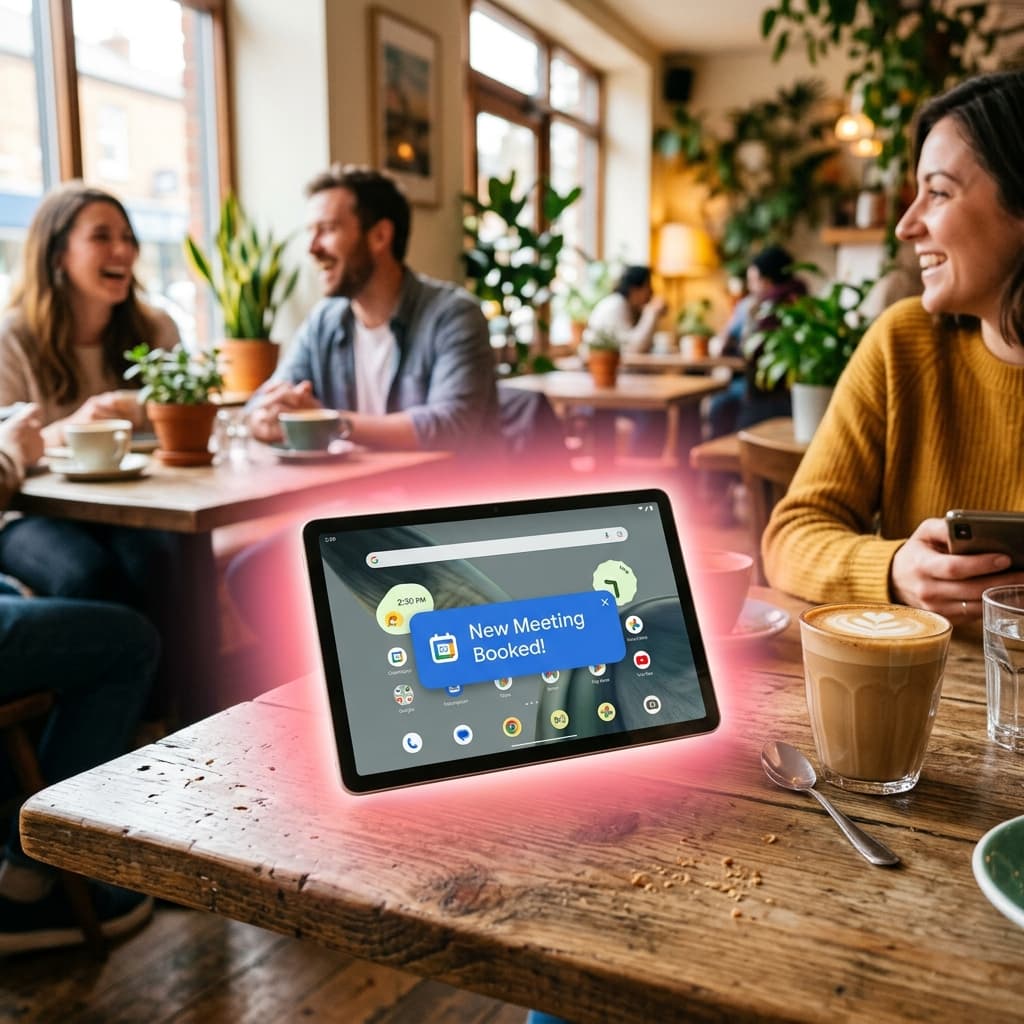 Tablet on a cafe table showing a new meeting booked notification