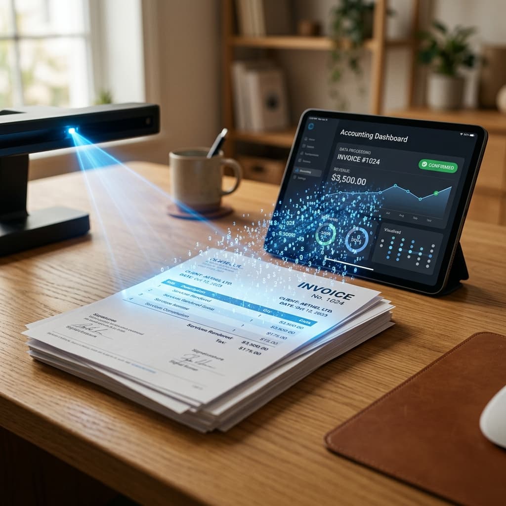 Stack of invoices being scanned into an accounting dashboard on a tablet