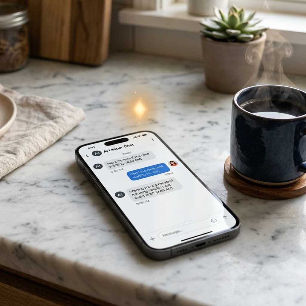 Phone on a kitchen counter showing an assistant chat conversation