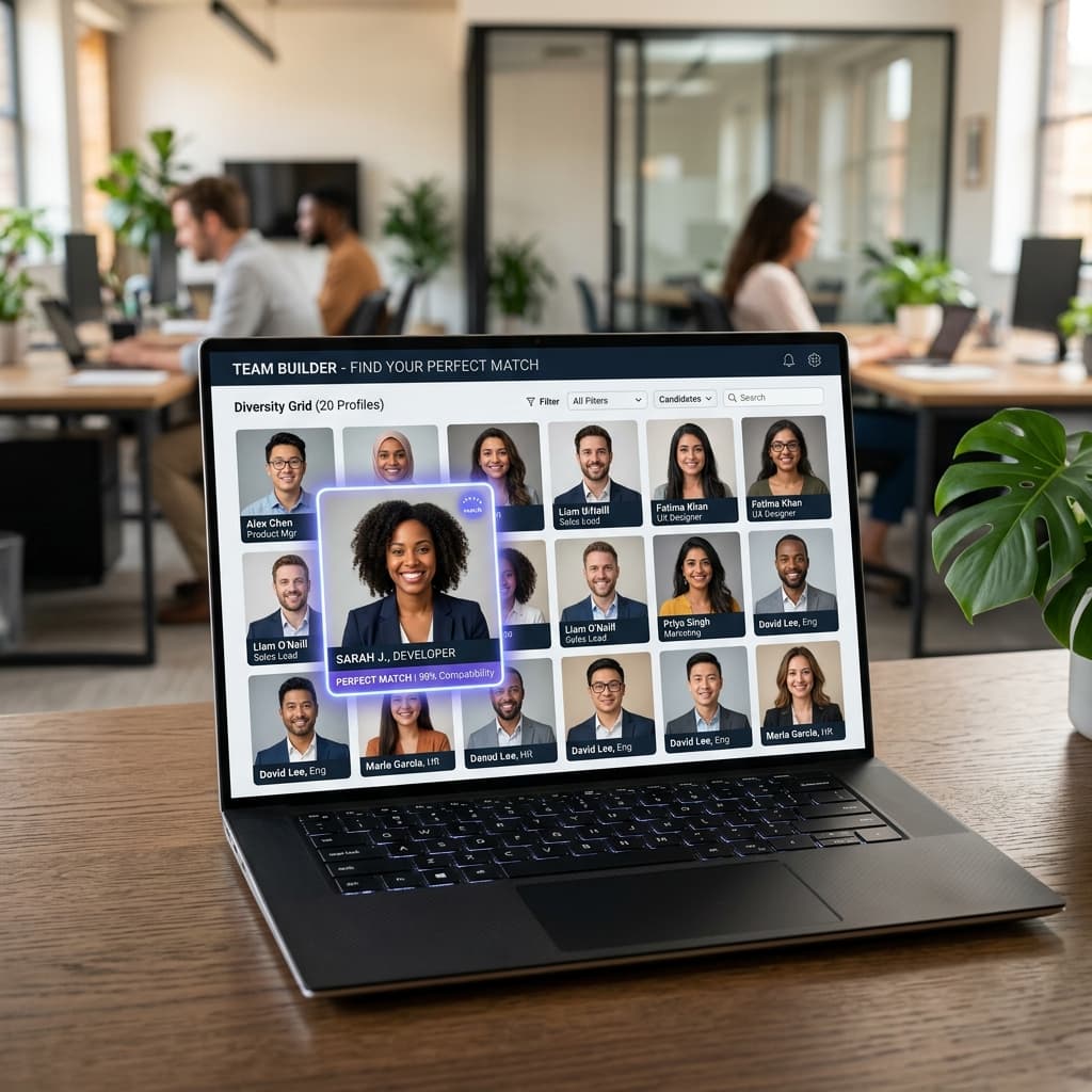 Laptop in an office showing a grid of candidate profiles